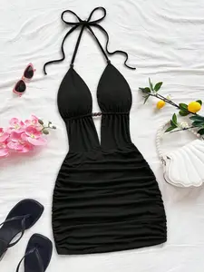 Elegant Halter Dress, Deep V Cut-Out Beaded Design, Ruched Fitted Bodycon Short Skirt, Party Night, Womenswear