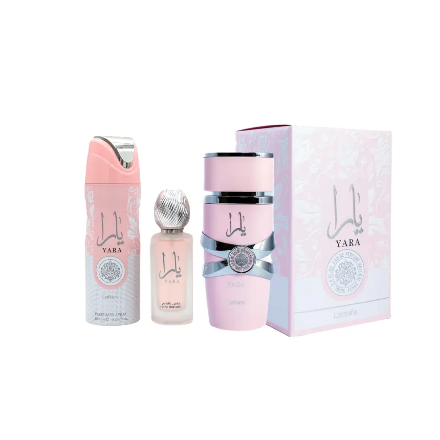 LATTAFA YARA Women's 3-Piece Luxury Fragrance Set - EDP Spray (3.4fl.oz), Deodorant Spray (6.67fl.oz), Fresh Floral Hair Mist (1.65fl.oz) with Citrus, Powder, Vanilla, Fruity Scents, for Adults, Gifting Multi-Pack, Fragrance Sets, Female, Body Deodorant,,