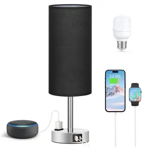 Bedside Table Lamp for Bedroom Nightstand - 3 Way Dimmable Touch Small Lamp USB C Charging Ports and AC Outlet, Wood Base Round Flaxen Fabric Shade for Living Room, Office Desk, LED Bulb Included