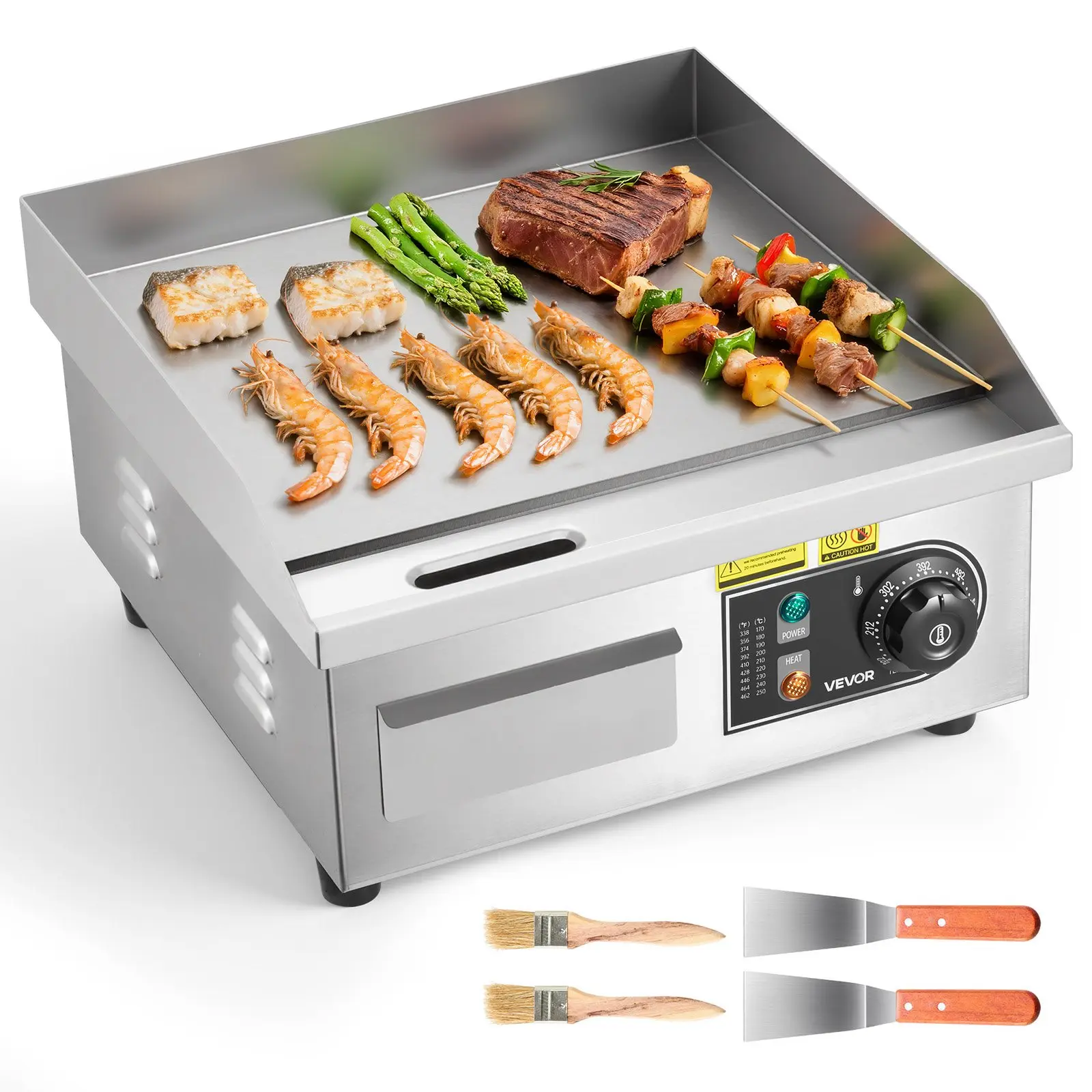 VEVOR Commercial Electric Griddle, 13.98 x 11.81 in Large Surface, 0.31 in Thick Stainless Steel Countertop Flat Top Grill with Drip Hole, 1750W, 122-570°F Adjustable Thermostat, 25.02 lb, Accessory Kit W/2 Spatula Utensils & 2 Brushes, for Steak, Pancake