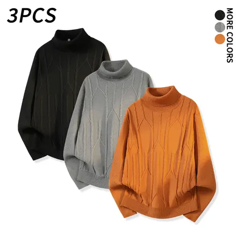 3-pcs men’s mock neck jacquard sweaters, soft, skin-friendly knit fabric, relaxed drop-shoulder fit, fall/winter wardrobe staple, essential for commuting and everyday wear, minimalist retro pullover tops