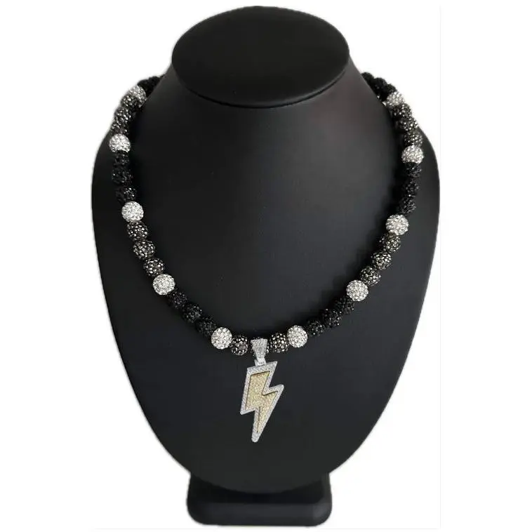 Iced Bling Disco Ball Rhinestone Crystal Bead Baseball Necklace Black Hematite Lightning Iced Bling Disco Ball Rhinestone Crystal Bead Baseball Necklace Black Hematite Lightning