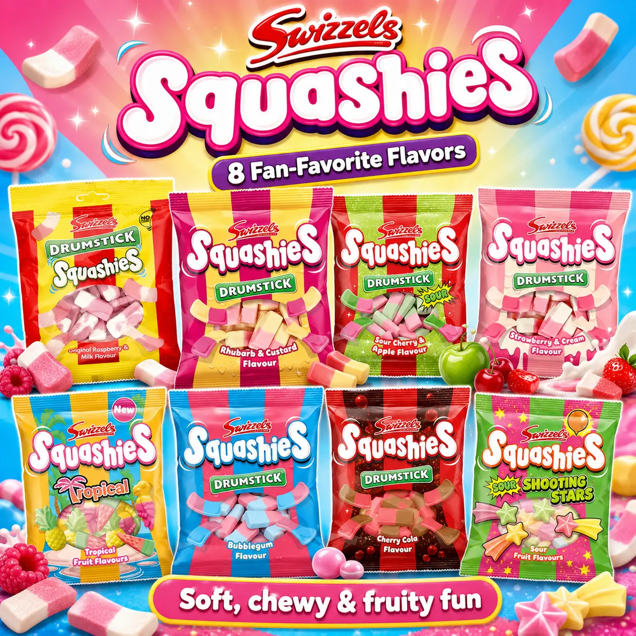 Swizzels Squashies Popular Soft Chewy Marshmallow-Style Candy - Unique Foamy Texture, Cross Between Gummy and Marshmallow sour  cherry apple  import from UK