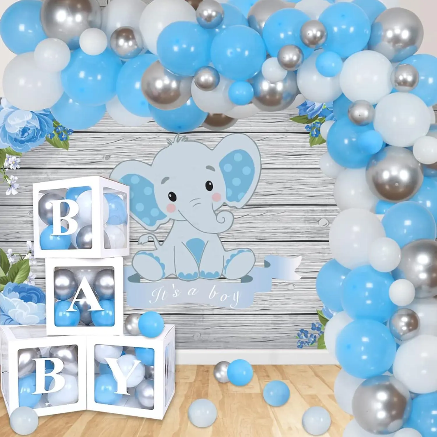 Elephant Baby Shower Decorations For Boy - Balloon Garland Arch Kit Blue And Gray Backdrop Banner Balloon Boxes For It’S A Boy Baby Shower, Baby Boy Birthday Party Supplies