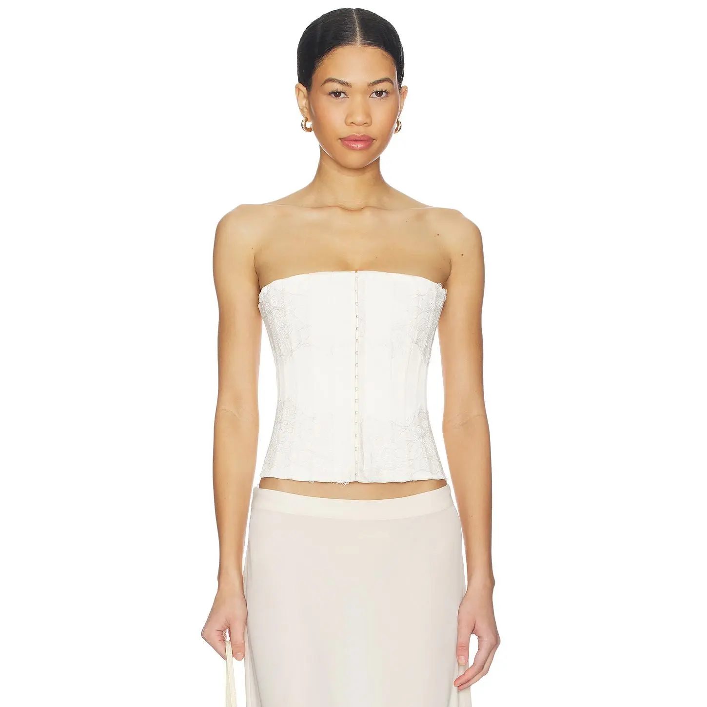 GUIZIO Lace Embellished Satin Corset in Ivory