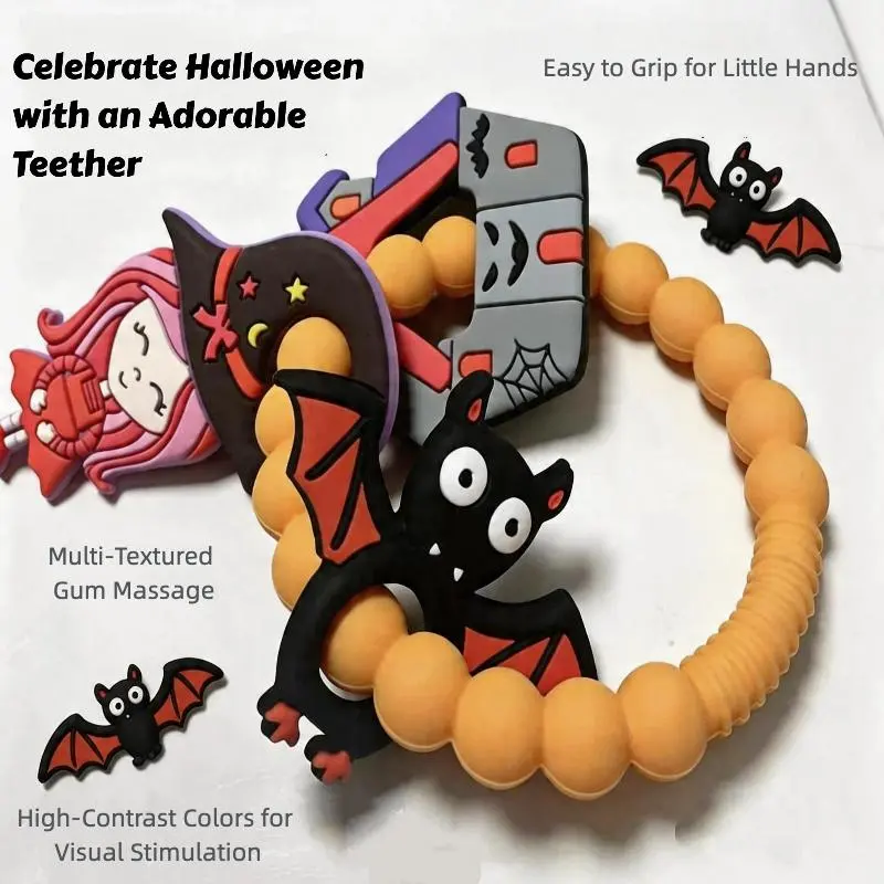 Unisex Baby Halloween Food-Grade Silicone Teething Relief Set - 1 BPA-Free Teether, 1 Anti-Lost Strap, Multi-Shape Ring, Boilable & Dishwasher-Safe, Visual Stimuli, Vivid Contrast, Nursery Care for 3+ Months Infants