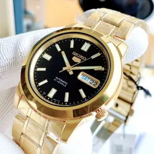 Seiko Men's SNKK22 K1 Gold Plated Stainless Steel Analog Watch with Black Dial and Date Display