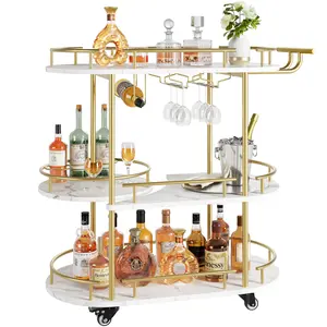 Gold Bar Carts with 3-Tiers Storage Shelves，Mobile Bar Seving Carts On Wheels with Wine Rack and Glass Holder for Kitchen, Dining Room, Living Room