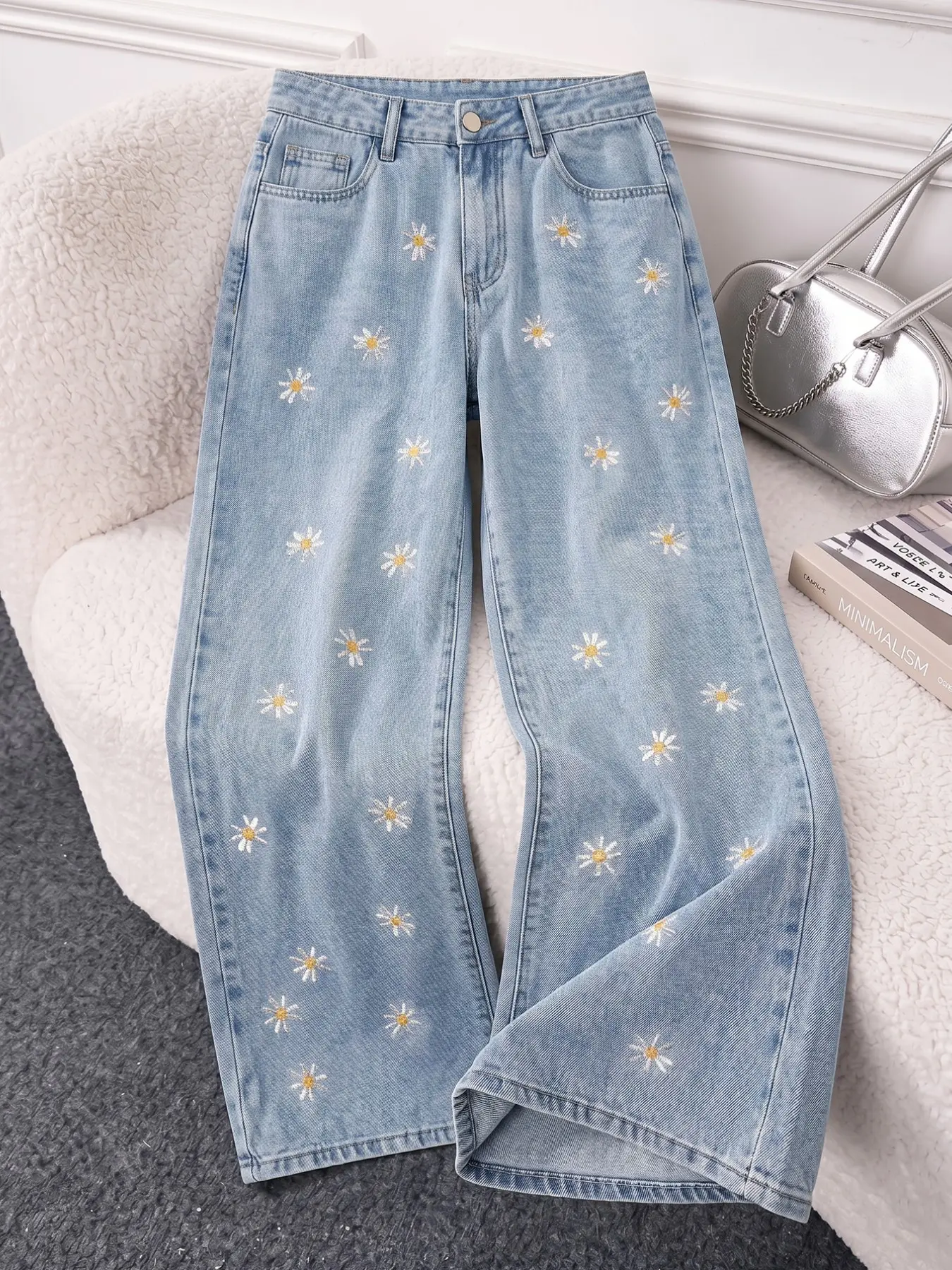 Vintage Embroidered Floral Wide Leg Denim Jeans Button for Women, 2026 New Season, Embroidery Jeans, Loose Straight Drop Hem Pants, Ladies Fashion Bottom