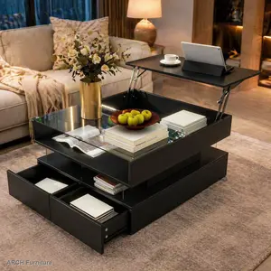 ARCH VIBE HAUS Lift-Top Adjustable Height Convertible Dual-Use Glass Coffee Table, Modern Square Transparent Glass+MDF High-Gloss Top, 2 Drawers, Hidden Storage, LED Lights for Living Room WL RR, Convertible Coffee Tables, Dual-Use Coffee Tables