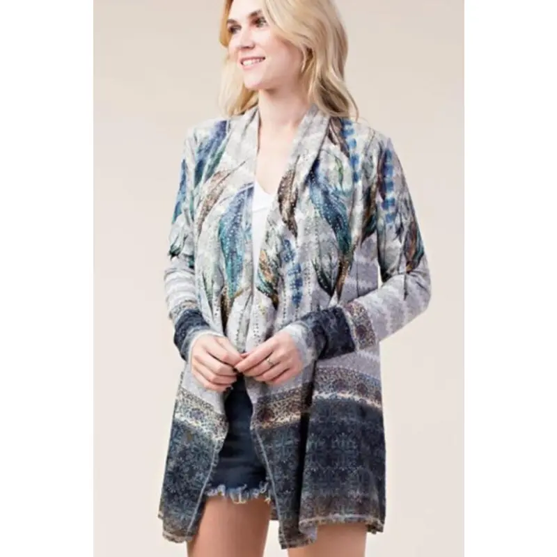 Vocal Feathers Rhinestones Cardigan Sweater