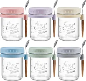 6 Pack Overnight Oats Containers with Lids and Spoons, 16 oz Glass Mason Overnight Oats Jars, Large Capacity Airtight Jars for Milk, Cereal, Fruit Kitchen Silicone