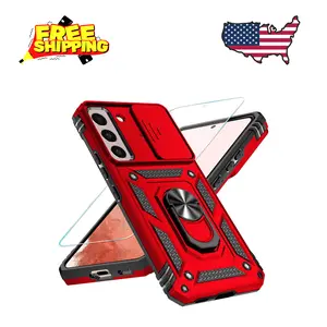 Phone Case for Samsung Galaxy S22 5G with HD Screen Protector & Slide Camera Cover & Rotated Ring Kickstand, Military-Grade, Red