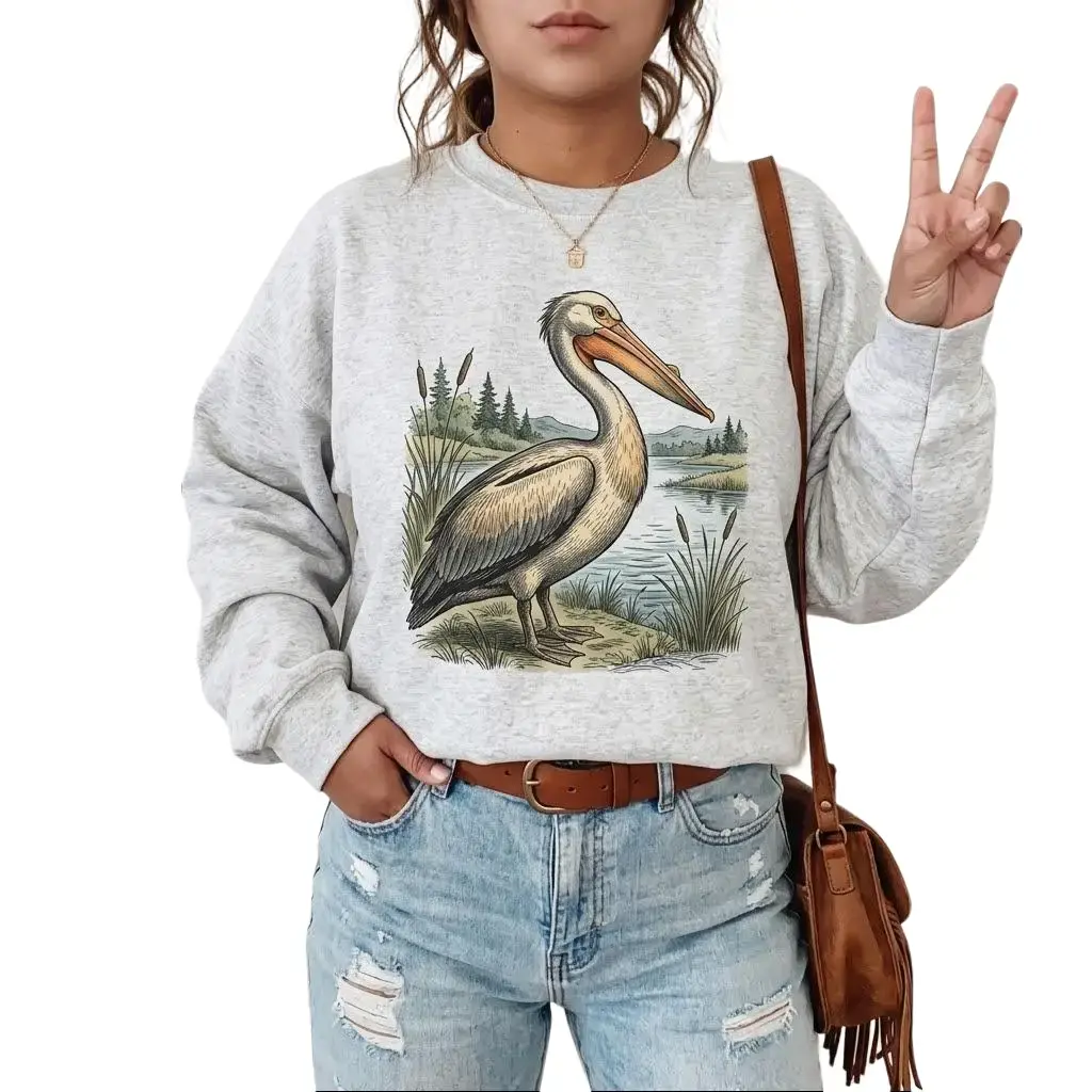 American White Pelican - Retro [Unisex] Sweatshirt Cotton Pullover Vintage Boho