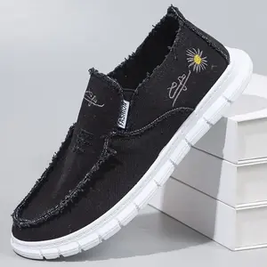 Women's Black Distressed Canvas Slip-On Casual Loafer Footwear - Frayed Edge, Daisy Embroidery, Breathable Woven Insole, Non-Slip Rubber Sole, Lightweight All-Day Comfort for Daily Wear, Walking