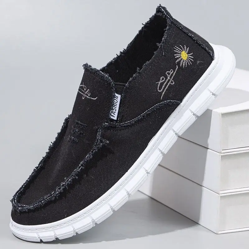 Women's Stylish Round Toe Wide Ankle Slip-On Casual Loafers - Black Distressed Canvas, Frayed Edge, Daisy Floral Embroidery, Breathable Woven Insole, Non-Slip Rubber Sole, Lightweight All-Day Comfort, Street All-Seasons Shoes