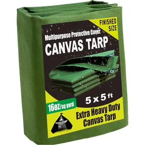 Heavy Duty Canvas Tarp 5x5  16oz Water-Resistant Canvas Tarp with Grommets, Resistant, Durable, Multipurpose Protective Green Cover for Camping, Tent,