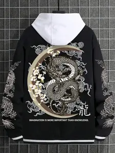 Men's Trendy Dragon Graphic Print Long Sleeve Casual Baseball Jersey, Fall & Winter Fashion Design, Suitable for Daily Wear Outdoor Activities