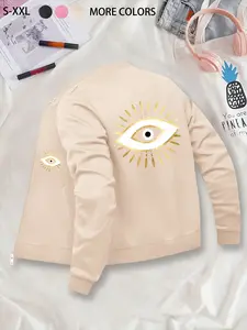Hamsa Evil Eye Print Women's Care Jacket, Lightweight Fitted Zipper Coat, American Street Style Design, All Seasons Casual Wear Outerwear