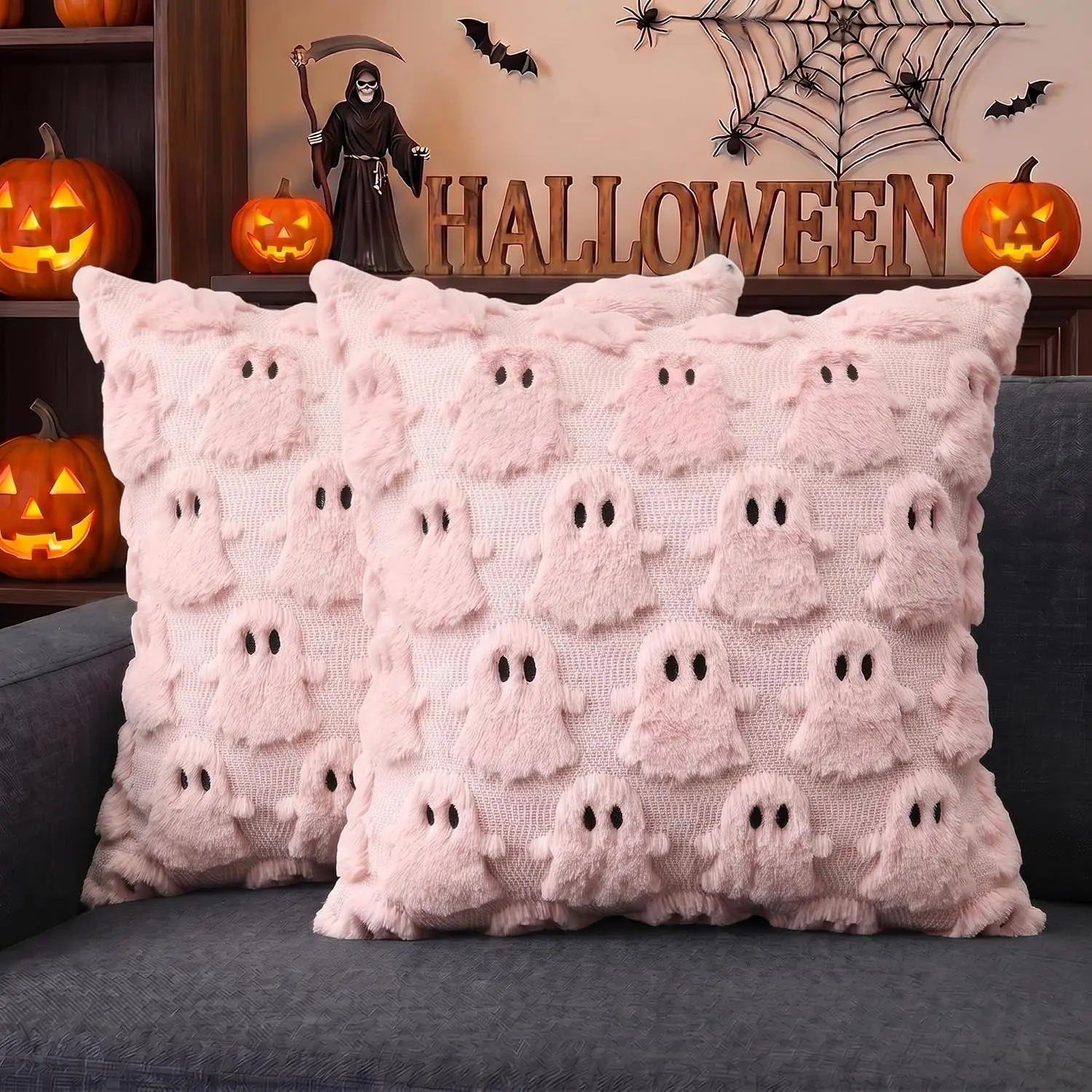 Halloween Ghost Pink Throw Pillow Cover Set of 2, 18 x 18 Inch Soft Plush Faux Fur Jacquard Spooky Cushion Case Decoration for Sofa Couch