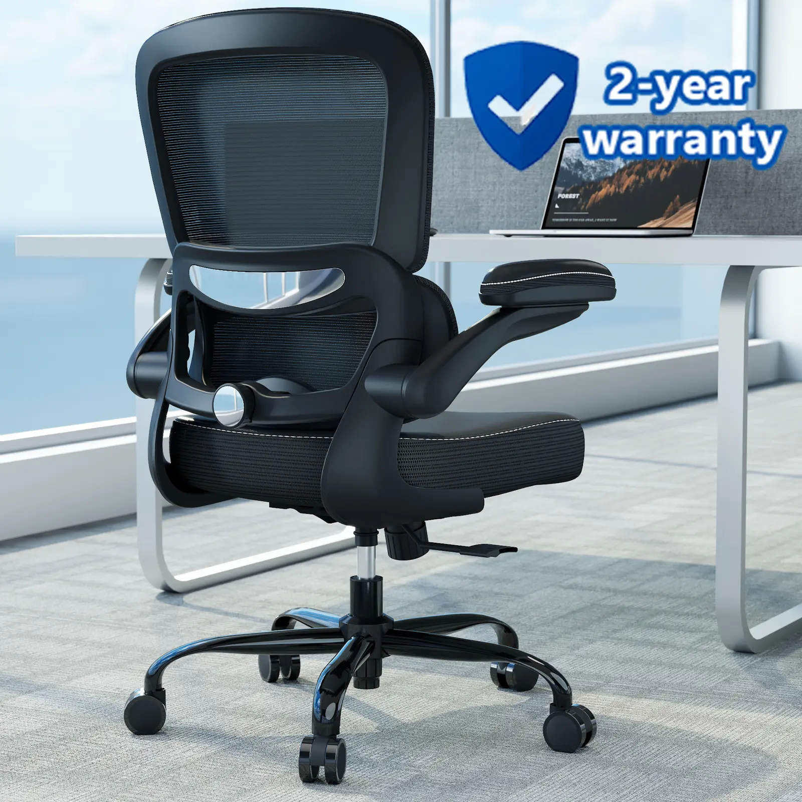 TRALT  Ergonomic Office Chair - Desk Chair with Adjustable Lumbar Support Computer Chair - Mesh Comfy Chair with Flip-up Armrests - Gaming Chairs for Adults Home Office (Leather, Black)