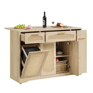 Garvee 47 Inch Rolling Kitchen Cart with Storage Cabi Farmhouse Wooden Island Table with Drop Leaf – Narrow Portable Design on Wheels – Perfect for Small Spaces