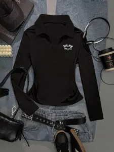 Women's Y2K Gothic Polo Neck Long Sleeve Slim Fit Top, Fall & Winter Casual Fashion, Perfect for Daily Wear and Parties