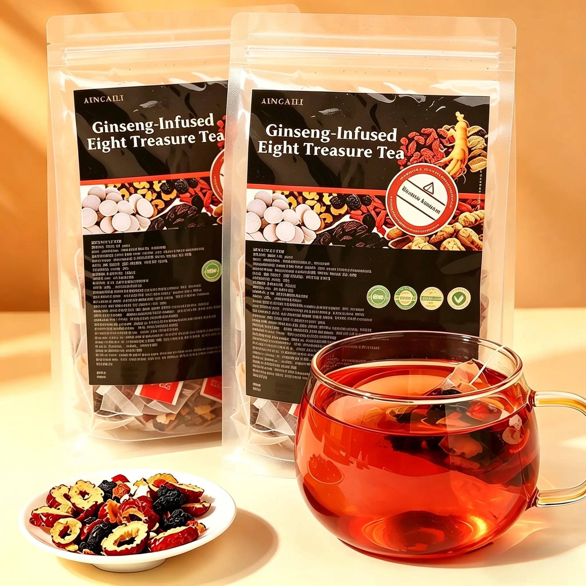 Traditional Chinese Nourishing Ginseng Botanical Tea - 300g, 60 Portable Bags, Authentic 8-Treasures Formula with Maca, Mulberry, Wolfberry, Jujube, Barley, Yam, Natural Herbal Beverage for Vitality, Endurance