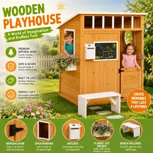 Outsunny Wooden Playhouse for Kids Outdoor Toddler Timber Cabin with Door Windows Mailbox Bench Flower Pot Holder Pretend Play Set Inside Toy Cottage Backyard Garden Lawn Pre K Activity Tiny House Gift