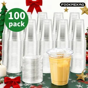 100 sets of 12-24 ounce transparent plastic cups, reusable,made of food-grade PET material,suitable for holding smoothies, ice creams,homemade lattes.With lids,suitable for Christmas/Thanksgiving themed parties,weddings,birthdays, and picnics. iced coffee
