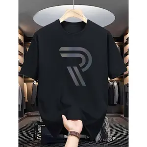 [Gradient Letter Print Tee] Summer Gradient Letter Print T-Shirt - Casual Crew Neck Polyester Knit Fabric - Regular Fit, Short Sleeve Tee Cotton Fashion Streetwear Menswear