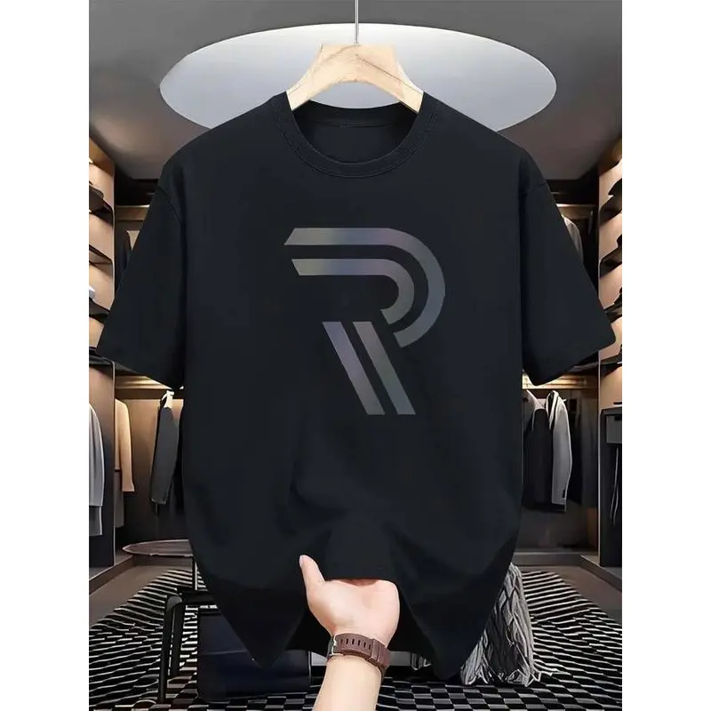 Men's Gradient M Print T-Shirt, Chic Streetwear Top in 100% Cotton with a Relaxed Fit, Round Neck, and Short Sleeves, Fabric, Fitted