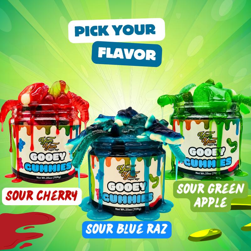 Yum Yum Gooey Gummies Blue Raspberry Wild Cherry Green Apple Sour Ooze Chewy Fruity Punch Snack