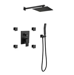 Hdmw Shower System, 10-Inch Matte Black Full Body Shower System with Body Jets, Square Rainfall Shower Head, Handheld Shower, and 3 Functions Pressure Balance Shower Valve, Bathroom Luxury Faucet Set.