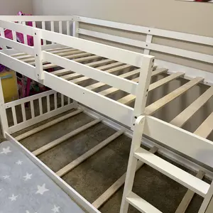 JOYMOR Solid Wood Low Twin Over Twin Bunk Bed for Kids/Junior, Bunk Bed Frame with Guardrails & Ladder for Boys Girls, No Box Spring Needed