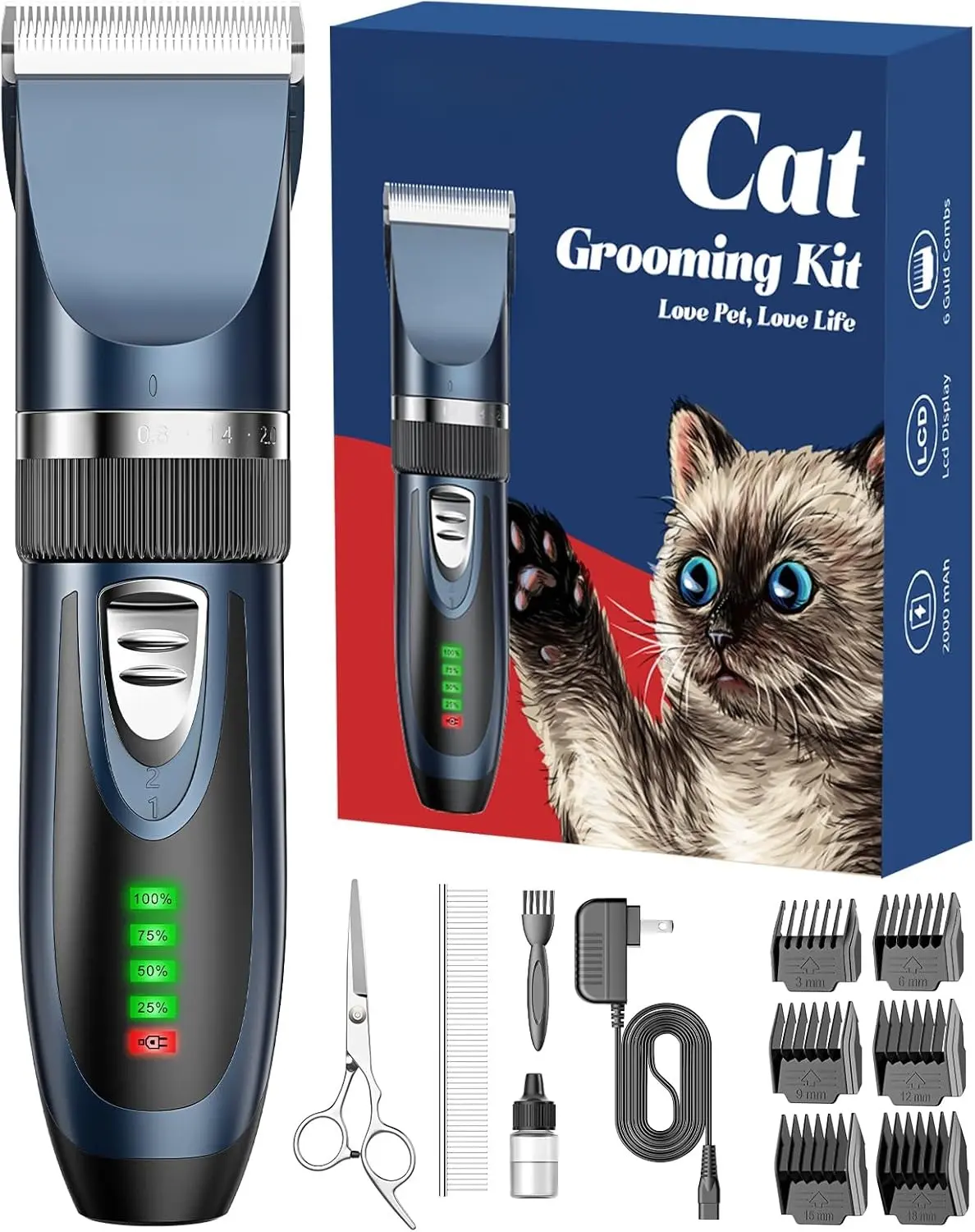 Battery-Powered Quiet Cordless Cat Grooming Clippers for Matted & Long Hair, 2-Speed Rechargeable Kit with LCD Display, 3mm/6mm/9mm/12mm Guards, 6 Guide Guards, Cleaning Brush (Blue)