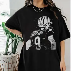 Joe Burrow Cincinnati Football Bleached Unisex Faded Black Cotton T-Shirt Casual Rock Style Summer Top for Him & Her