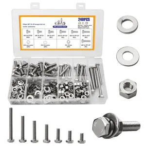 240 count 1/4-20 Hex  Screw Bolt and Nuts Set,1/4-20 x5/8" 3/4" 1" 1-1/4" 1-1/2" 2" 2-1/2"Nuts and  Assortment Kit with Flat Washers, Lock Washers,304 Stainless Steel 18-8,Fully Threaded