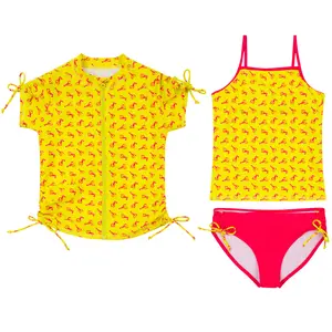 Girls Short Sleeve Rash Guard + Tankini Bikini Set (3 Piece) | "Lobster"