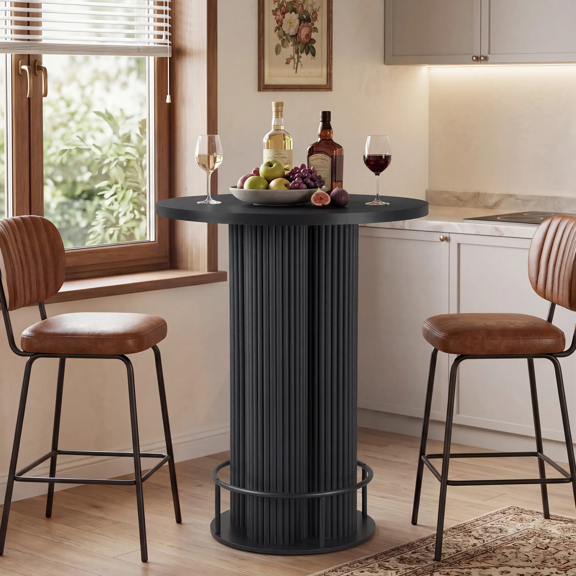 Giratree Bar Table, 39.37" H Round Bistro Table Fluted Pub Table with Base & Metal Ring Footrest Wood Cocktail Desk for Patio, Coffee House, Living Room, Kitchen, Small Space