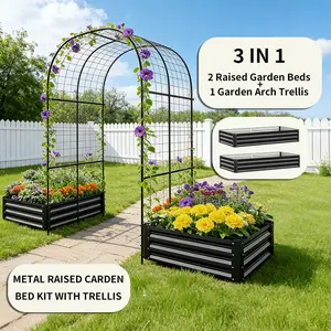 Garden Arch Complete Growing Kit - Double Pack Galvanized Steel Rust-Resistant Rectangular Raised Garden Beds (70.9×35.4×11.8in) + Arched Trellis Plant Support (86.6×47.2in) for Climbing Plants, Elevated Planting Boxes,summervibes