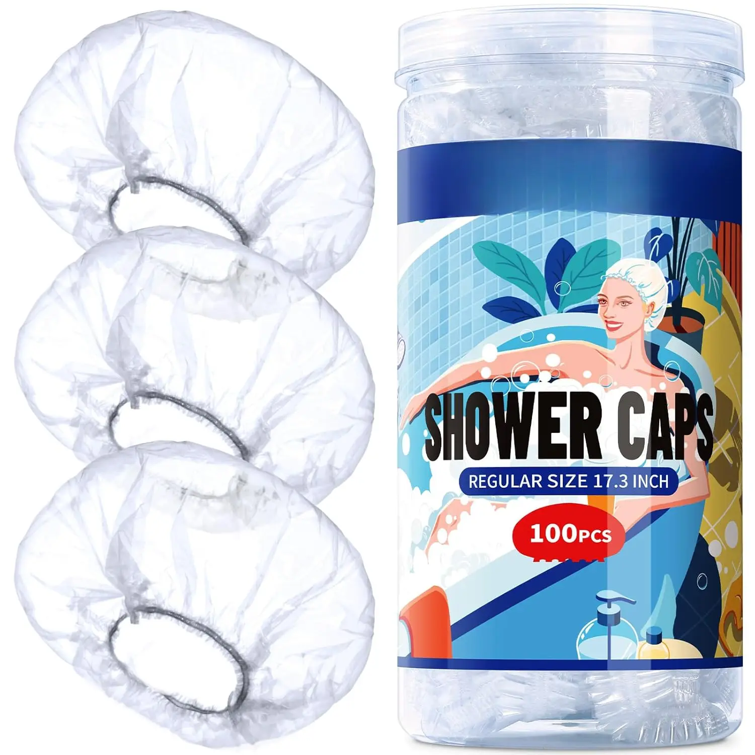 100 count Disposable Shower Caps, Shower Caps for Women Disposable, Clear Plastic Shower Cap, Plastic Hair Caps for Hair , Regular Size 17.3 INCH