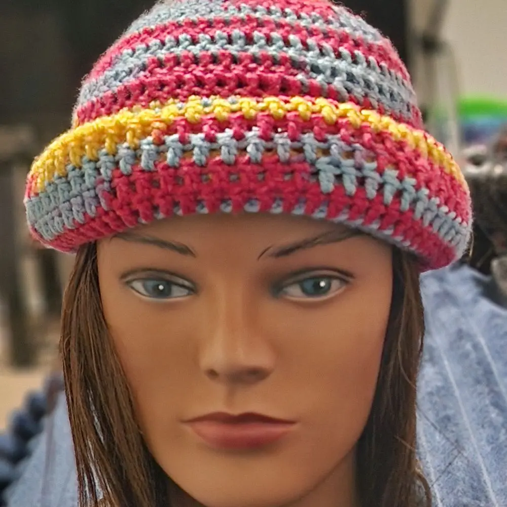 CDOchet Slouch Beanie - Colorful Knit Beanie with Striped Design in Pink, Gray, Yellow, and Blue
