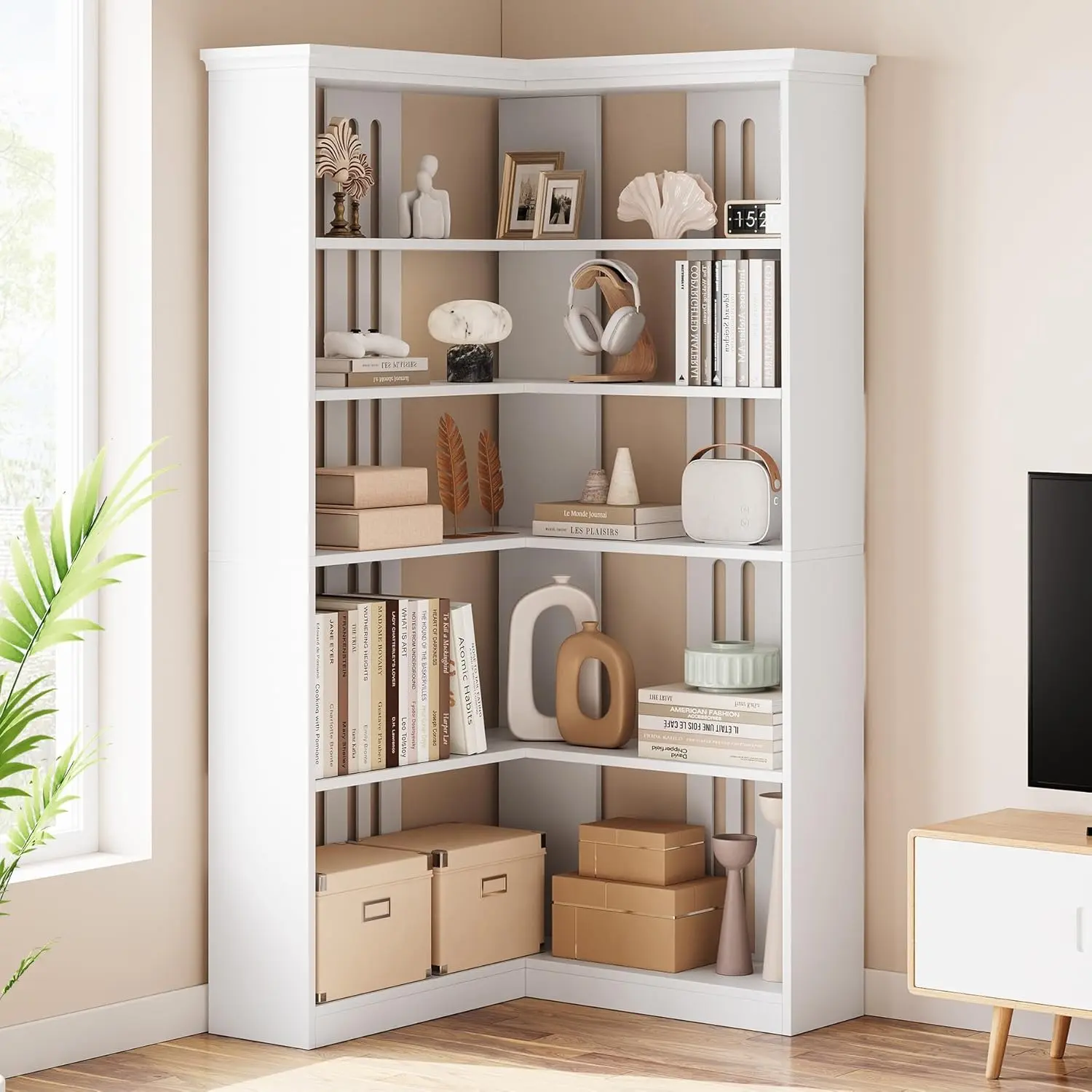 White Farmhouse L-Shaped Wood Corner Shelf - 72.8in Tall 5-Tier Half Panel Open Back Stable Space-Saving Furniture, MDF Boards Storage Display Rack for Living Room, Book Nook Collectibles Toy Organization