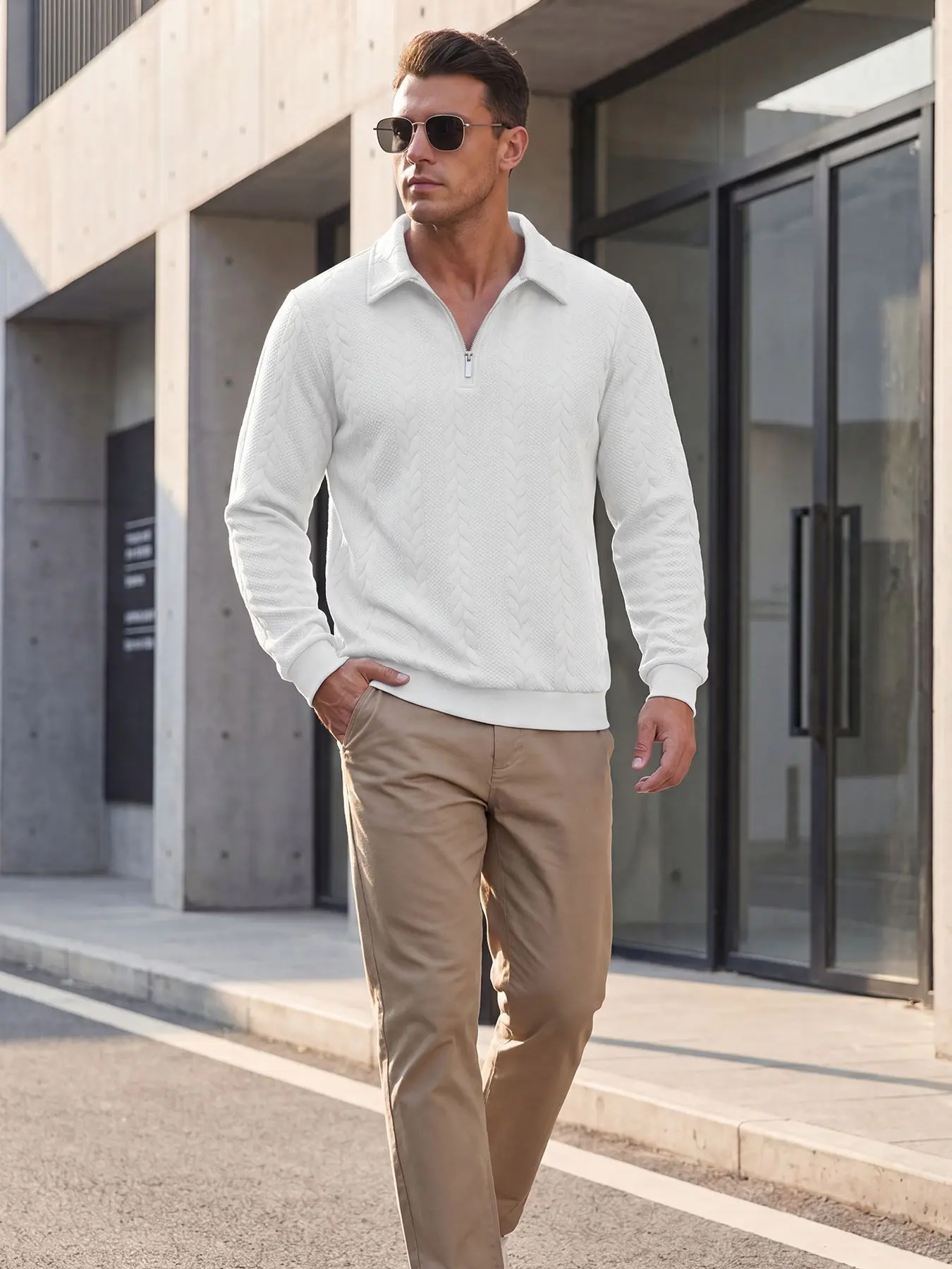 Men's Knitted Mock Neck Half-Zip Long-Sleeve Pullover Sweatshirt - Tailored Plain Cable Texture, Spring Old Money Style, Machine Wash Casual Wardrobe Essential