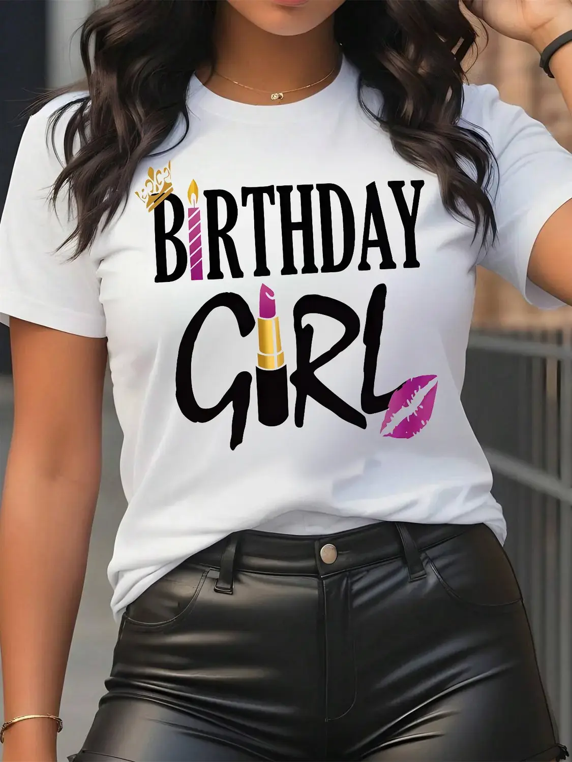 Trendy Vintage Style Womens Birthday Girl Letter Print Round Neck Short Sleeve Casual Tee for Summer Daily Wear