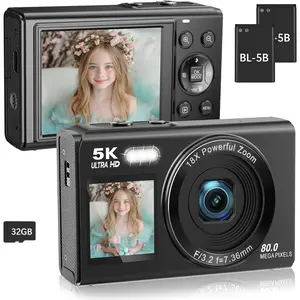 5K 80MP Digital Camera with Fill Light & 16X Zoom - Dual Screen Vlogging Camera for YouTube/Blogging, WiFi, 32GB TF Card, 2 Batteries, 2.8" LCD, Camera Strap (X9-Black)