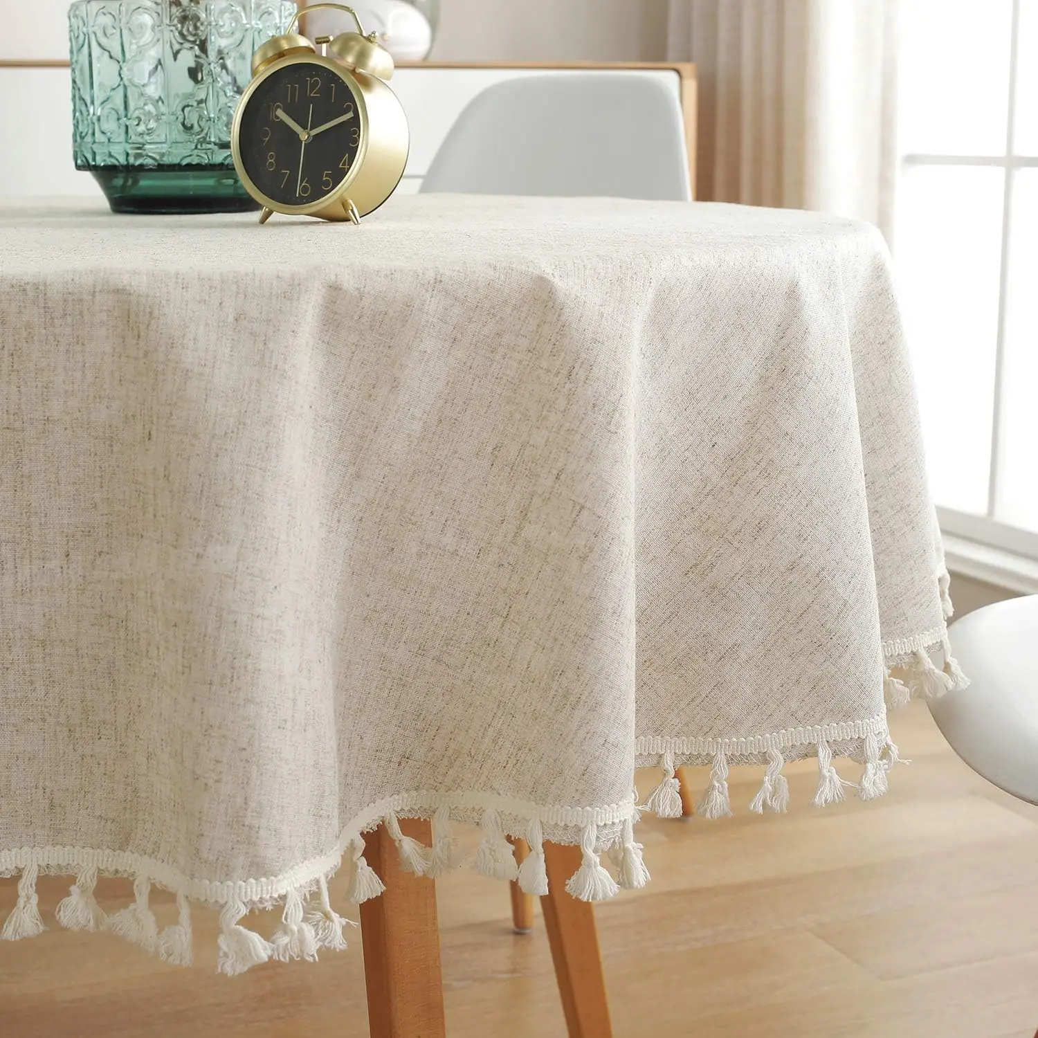 Solid Color Tassel Tablecloth Cotton Linen Dust-Proof Shrink-Proof Table Cover for Kitchen Dining Farmhouse Tabletop Decoration (Round, 60 Inch, Neutral)