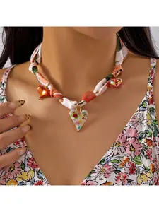 Cherry Heart Ribbon Necklace for Women Fashionable Layered Pendant Necklace with Silk Scarf Inspired Design Trendy Cute Playful Jewelry Accessory
