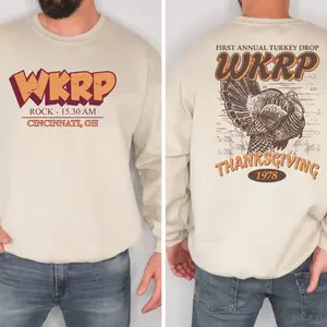 WKRP Rock 15.30 AM Cincinnati OH Hoodie/T-shirt/Sweatshirt, First Annual Turkey Drop 1978 Thanksgiving Vintage Shirt, Retro TV Show Fan Apparel, Fashion Cotton, Full Colors, Full Sizes, For Men, For Women